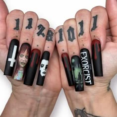 Hand painted the exorcist halloween nails The Exorcist Nail Art, Exorcist Nail Art, The Exorcist Nails, The Conjuring Nails, Jeepers Creepers Nails, Micheal Myers Nail, Saw Nails Halloween, Terrifier Nails