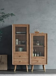 two wooden cabinets sitting next to each other in front of a wall with a potted plant