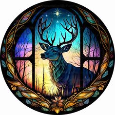 a stained glass window with an image of a deer