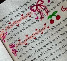 an open book with writing on it and hearts drawn on the pages in pink ink