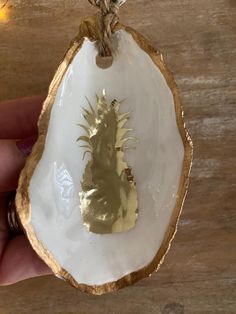 Pineapple Oyster shell ornament, Christmas ornament, Tropical Christmas ornament, Coastal Christmas, Oyster Christmas Ornament, Hostess gift Oyster Christmas, Tropical Christmas Ornaments, Unique Ornaments, Tropical Christmas, Shell Ornaments, Gold Leaf Painting, Oyster Shells, Coastal Christmas, Seashell Art