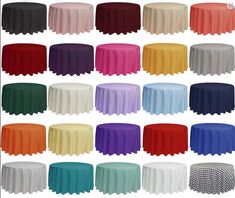 various colors of tablecloths with different shapes and sizes