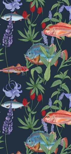 a painting of fish and flowers on a dark blue background with red, purple, and green leaves