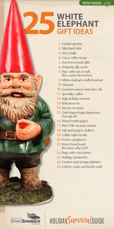 an advertisement for white elephant gift ideas featuring a garden gnome