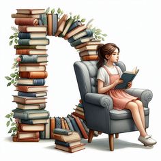 a woman sitting in a chair reading a book