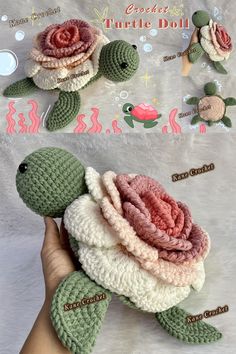 crocheted turtle doll with flowers on its shell and in it's shell