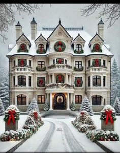 a large white house covered in christmas decorations