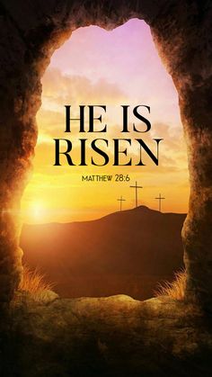 the cover of he is risen, with an image of a sunset in the background