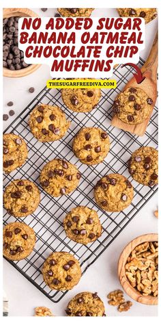 no added sugar banana oatmeal chocolate chip muffins on a cooling rack