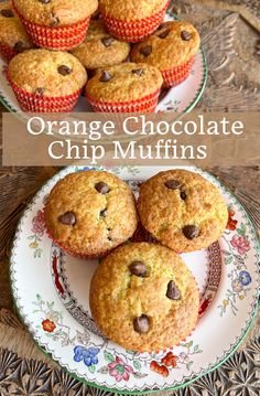 orange chocolate chip muffins on a plate with the title overlay above it