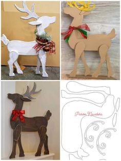 four different types of reindeers made out of wood and paper with bows on them