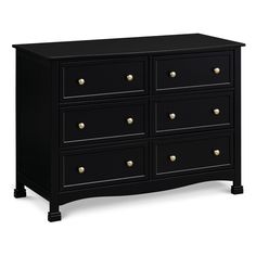 a black dresser with gold knobs on the top and bottom drawers, against a white background