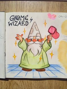 an open book with a drawing of a gnome holding a lollipop in it's hand