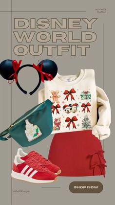 the disney world outfit is shown with red shoes and mickey mouse ears on top of it