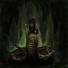 a woman sitting in the middle of a forest with a snake on her lap,