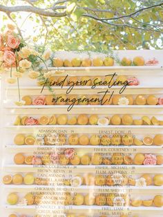 an arrangement of oranges are arranged on a sign