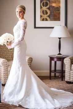 Charming Lace Long Sleeves Open Back With Trailing Wedding Dresses W372 - Ombreprom Modest Bride, How To Dress For A Wedding, Western Wedding Dresses, Muslim Wedding Dresses, Professional Dress, Stunning Wedding Dresses, Lace Dress With Sleeves, Bride Gowns