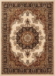 a rug with an ornate design on the center and brown, beige, and black colors