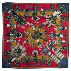 Hermès red and navy silk Kachinas scarf designed by Kermit Oliver. Hand-rolled edges. Original box included. Hermes Silk, Silk Twill Scarf, Hermes Accessories, Kelly Bag, Hermes Scarf, Hermes Paris, Designer Scarves, Hermes Handbags, Color Theme