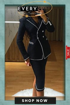 Women's Solid Color Tweed Two Piece Suit - 01 Ladies Suits Formal Classy Jackets, Channel Suits For Women, Lace Blazer Dress, Informal Attire, Tweed Two Piece, Lapel Collar Coat, Fitted Midi Skirt, Classy Skirts, Elegant Casual Dress