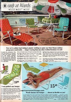 an advertisement for lawn chairs and beach umbrellas from the 1950's or 1960s's