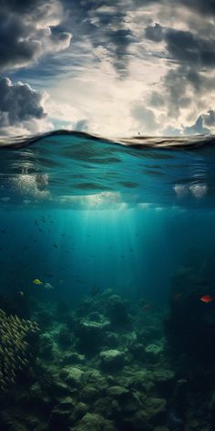 an underwater view of the ocean with clouds above and below water, as well as corals