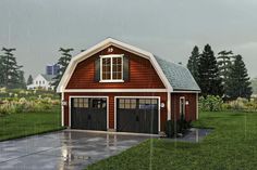 a two car garage is shown in the rain