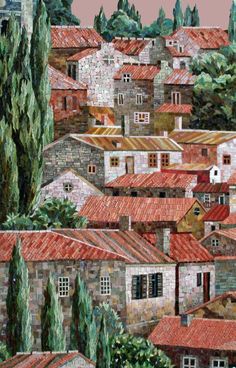 a painting of a city with red roofs and trees