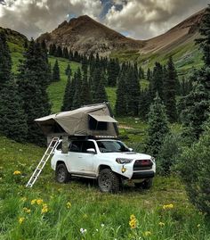 a white truck parked in the grass with a tent on it's roof and mountains in the background