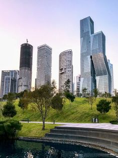 there are many tall buildings in the city with green grass on the ground and water below them