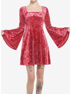 Red Crushed Velvet Bell Sleeve Mini Dress Bell Sleeve Mini Dress, Hippie Summer, Pop Culture Outfits, Culture Outfits, Hot Topic Dresses, Mini Dress Hot, Welcome Winter, Outfits For Winter, Red Velvet Dress