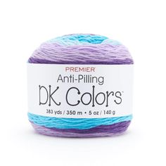 a ball of purple and blue yarn with the words dk colors written on it