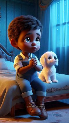 an animated character sitting on top of a bed next to a small white dog in a bedroom