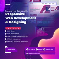 the website for web development and designing is displayed in purple, pink and blue colors