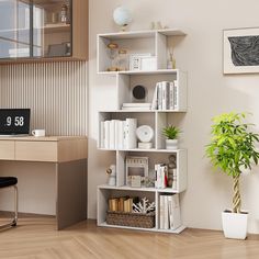 a room with a desk, chair and bookshelf on the floor in front of it