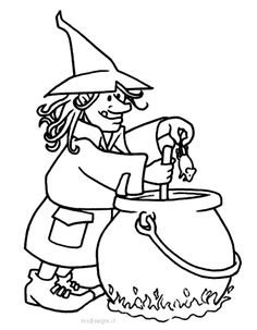 a black and white drawing of a witch with a caulder in her hand