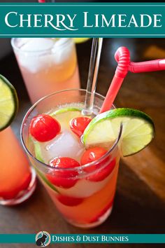 the cover of cherry limeade with two glasses filled with drinks and garnished with cherries