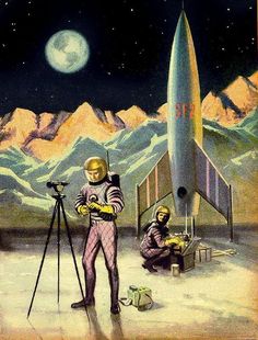 an artist's depiction of a man in space suit standing next to a rocket