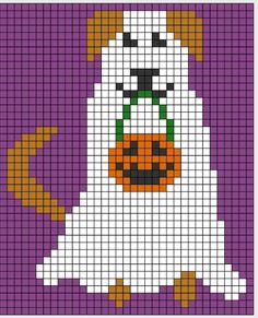 a cross stitch pattern with a dog wearing a pumpkin hat and holding a jack - o'- lantern