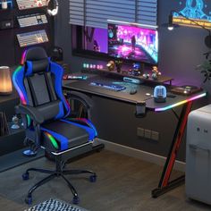 a gaming room with a chair, desk and computer