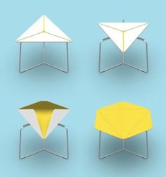 four different types of origami tables with metal legs and bases, on a blue background