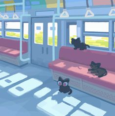 two cats are sitting on the seats in a train car, and one cat is laying down