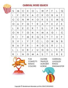 the carnival word search is shown in this printable activity for children to learn how to use