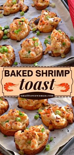 homemade baked shrimp toast on a baking sheet with the title overlay reading homemade baked shrimp toast