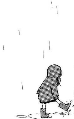 a drawing of a person walking in the rain with an umbrella over their head,