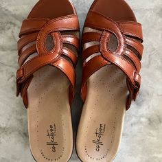 Size 8.5 Color: Rust Leather Brand New, Never Worn Woman Sandals, Clarks Women's, Womens Clarks, Clarks Shoes, Women's Shoes Sandals, Womens Sandals, Shoes Sandals, Rust, Women Shoes