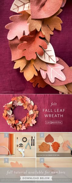 paper leaves are arranged on top of each other and the words fall leaf wreath written in white