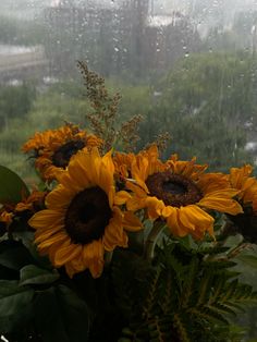 a vase filled with yellow sunflowers on top of a window sill