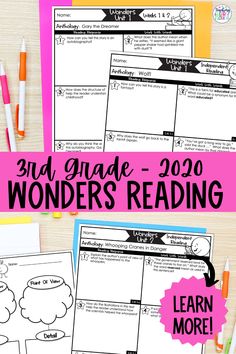 the 3rd grade wonders reading worksheet is shown with pencils and markers on it