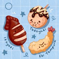 an illustration of some food on a blue tile background with words written in english and japanese